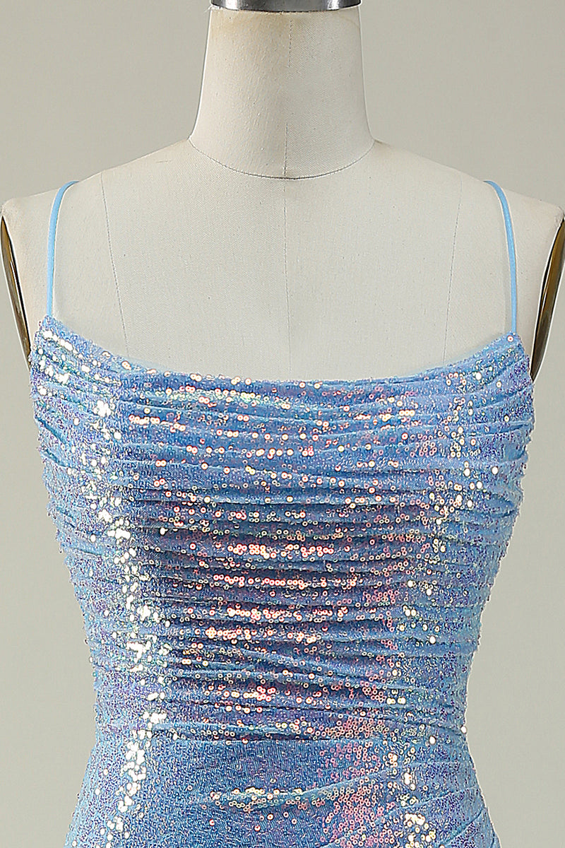 Load image into Gallery viewer, Lace-Up Back Sparkly Sequins Blue Long Prom Dress with Slit