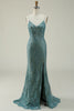 Load image into Gallery viewer, Sparkly Spaghetti Straps Sequins Green Long Prom Dress with Slit