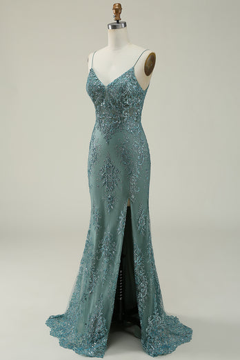 Sparkly Spaghetti Straps Sequins Green Long Prom Dress with Slit