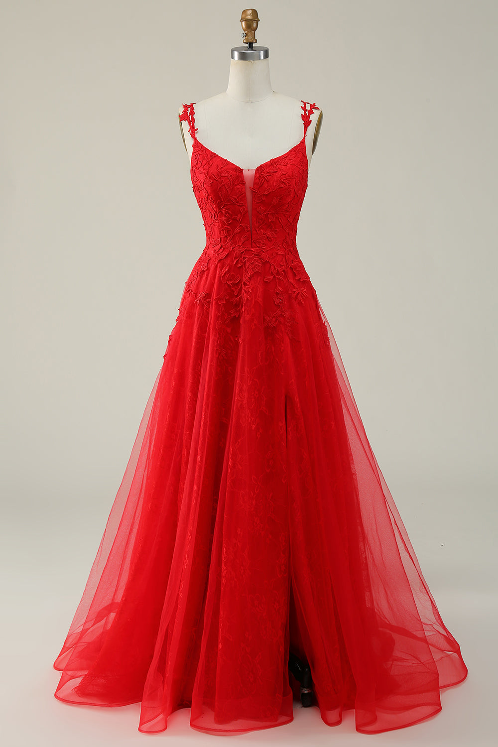 Tulle Spaghetti Straps Red Ball Gown Dress with Appliques