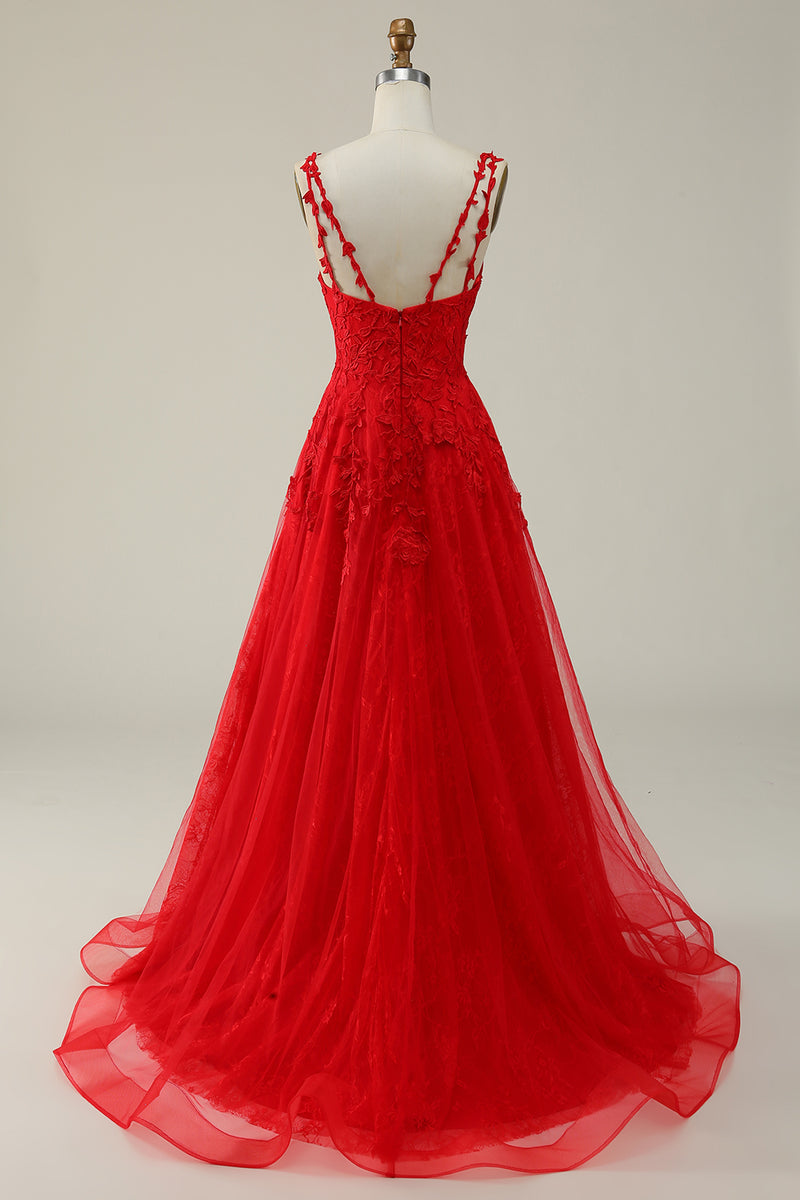 Load image into Gallery viewer, Tulle Spaghetti Straps Red Ball Gown Dress with Appliques