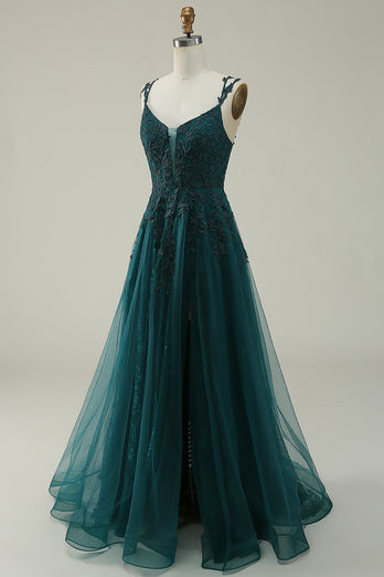 Tulle Spaghetti Straps Dark Green Ball Gown Dress with Appliques