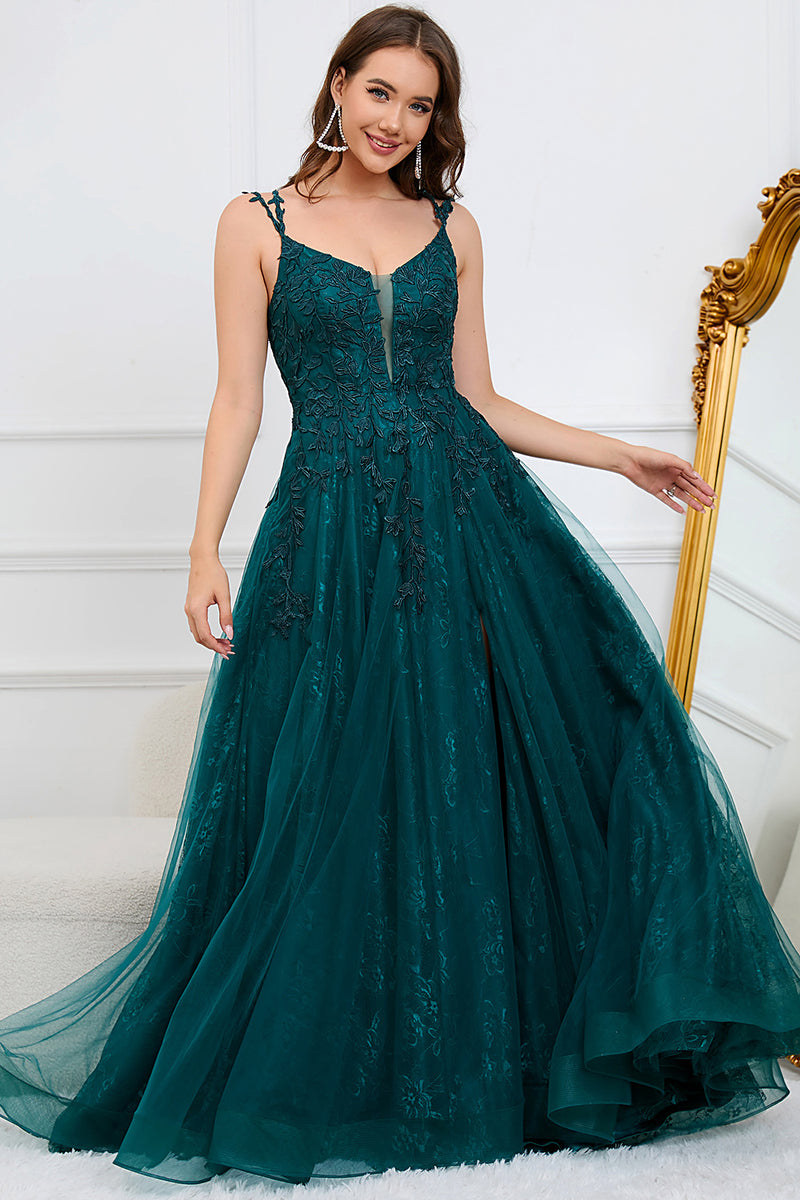 Load image into Gallery viewer, A-Line Spaghetti Straps Dark Green Ball Gown Dress with Appliques