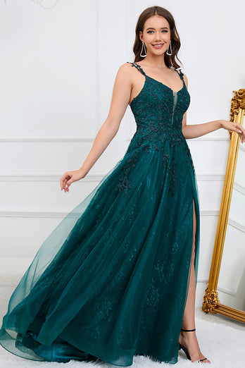 A-Line Spaghetti Straps Dark Green Ball Gown Dress with Appliques