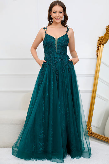 A-Line Spaghetti Straps Dark Green Ball Gown Dress with Appliques