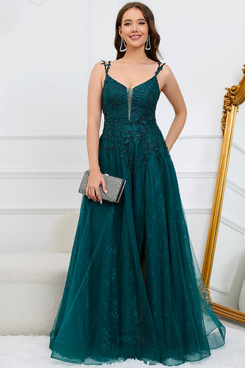 A-Line Spaghetti Straps Dark Green Ball Gown Dress with Appliques