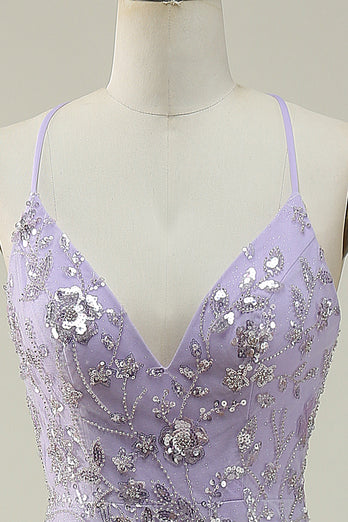 Sparkly Mermaid V-Neck Sequins Purple Long Prom Dress with Slit