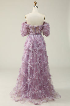 Off The Shoulder Tulle Printed Purple Ball Gown Dress