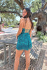 Load image into Gallery viewer, Sparkly Blue Beaded Lace-Up Back Tight Short Party Dress with Fringes