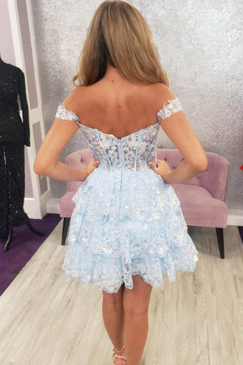 Glitter Blue Asymmetrical A-Line Short Lace Party Dress