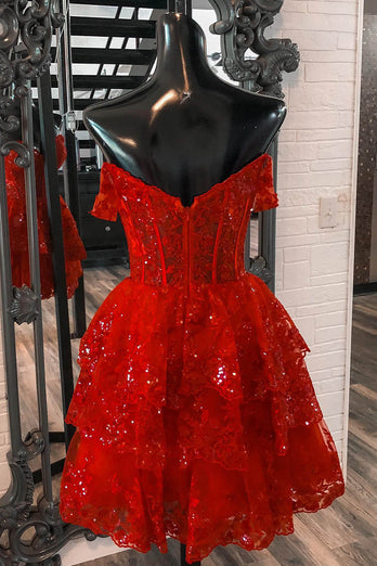 Sparkly Red Corset Tiered Lace A-Line Short Prom Dress