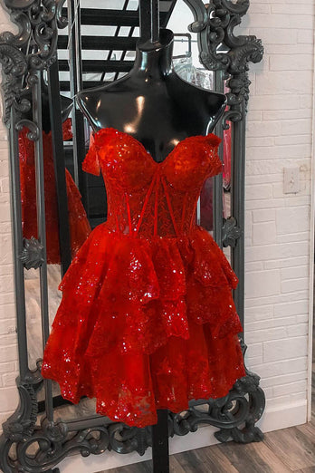 Sparkly Red Corset Tiered Lace A-Line Short Prom Dress