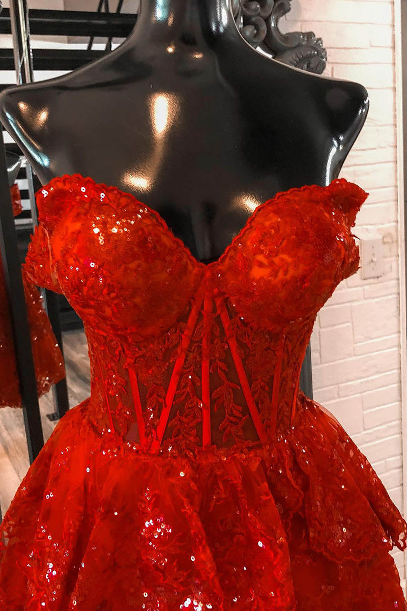 Load image into Gallery viewer, Sparkly Red Corset Tiered Lace A-Line Short Prom Dress