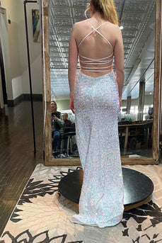 Sparkly White Mermaid Long Prom Dress With Fringed Slit