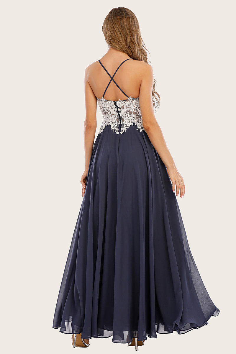 Load image into Gallery viewer, Dusty Blue Chiffon Long Prom Dress with Lace