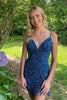 Load image into Gallery viewer, Sparkly Blue Beaded Lace-Up Back Tight Short Party Dress with Fringes