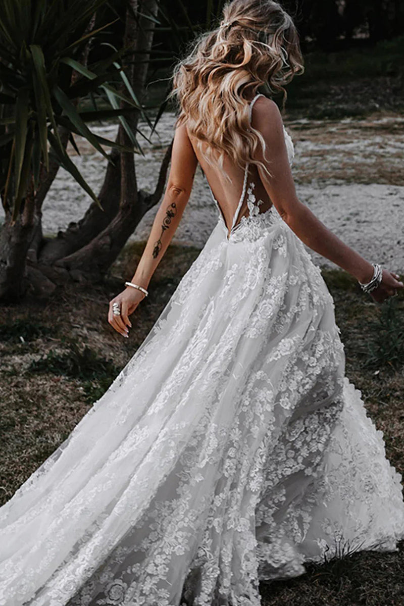 Load image into Gallery viewer, White Boho A-Line Wedding Dress with Appliques