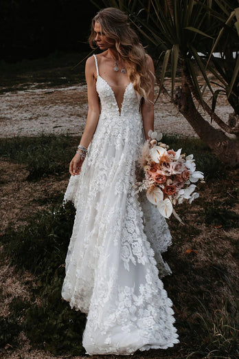 White Boho A-Line Wedding Dress with Appliques