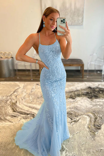 Mint Spaghetti Straps Appliques Prom Dress