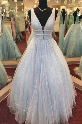 Glitter Deep V-Neck Light Blue Long Prom Dress