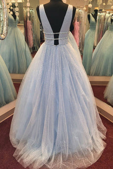 Glitter Deep V-Neck Light Blue Long Prom Dress