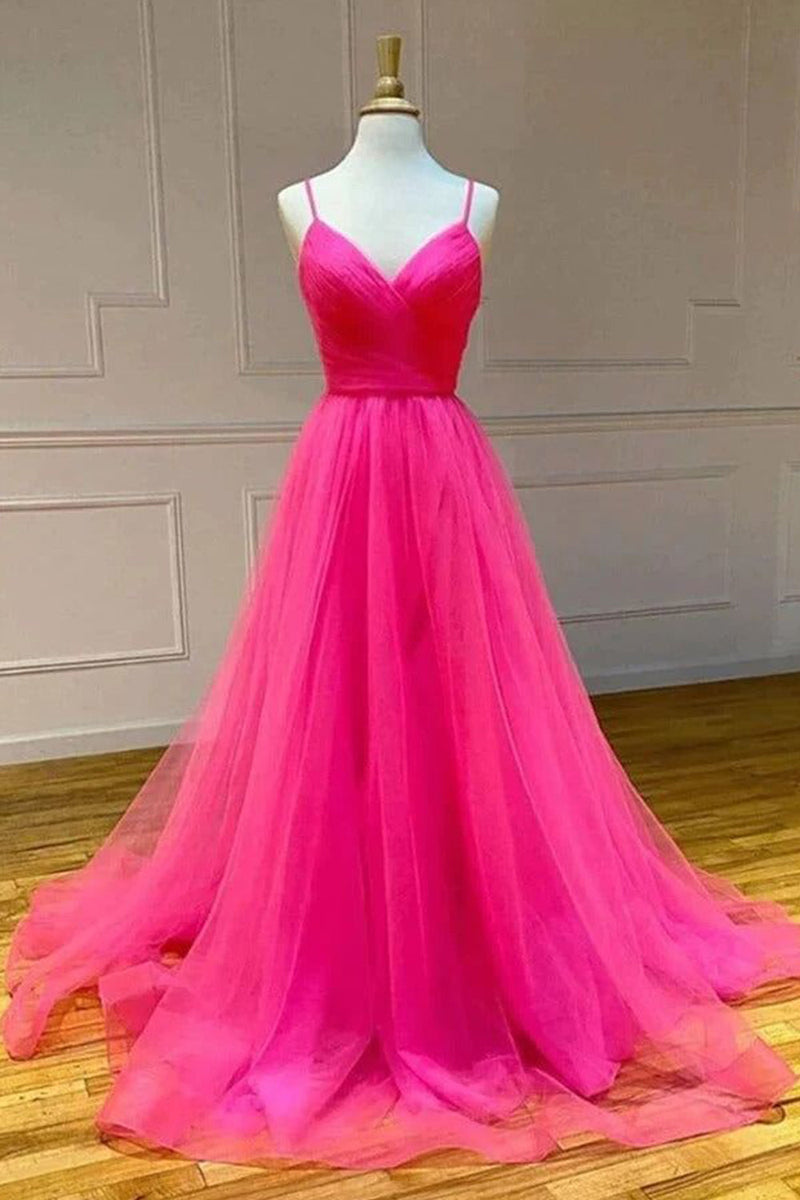 Load image into Gallery viewer, Hot Pink A-Line Tulle Long Prom Dress with Pockets