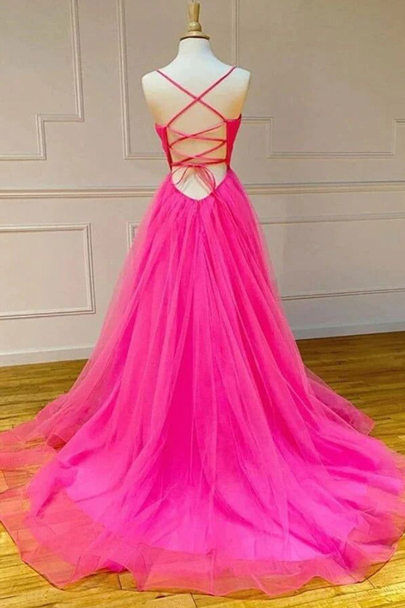 Load image into Gallery viewer, Hot Pink A-Line Tulle Long Prom Dress with Pockets