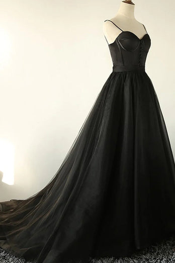 Black Corset A-Line Tulle Long Prom Dress