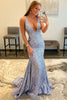 Load image into Gallery viewer, Sparkly Blue Deep V Neck Sequin Mermaid Prom Dress