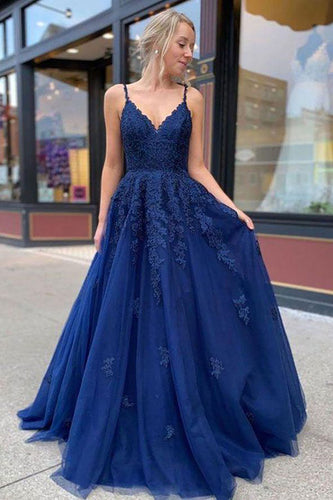 Queendancer Women Royal Blue Corset Prom Dress with Appliques Spaghetti  Straps Long Formal Dress with Pockets – queendanceruk