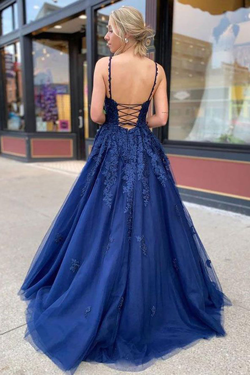 Load image into Gallery viewer, A-Line Spaghetti Straps Navy Long Prom Dress with Appliques