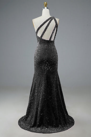 Glitter Black Sequins Long Prom Dress with Slit