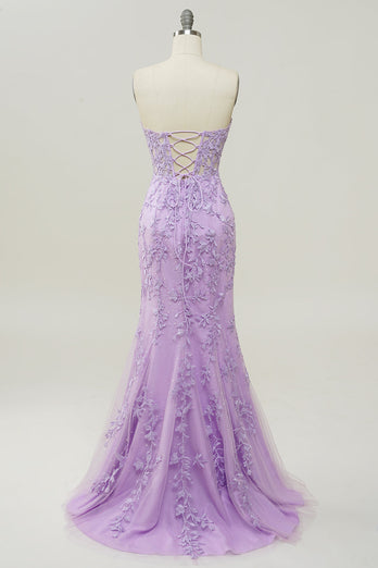 Purple Strapless Prom Dress with Appliques