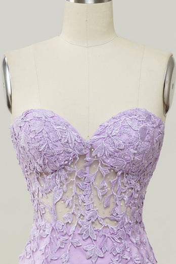 Purple Strapless Prom Dress with Appliques_5