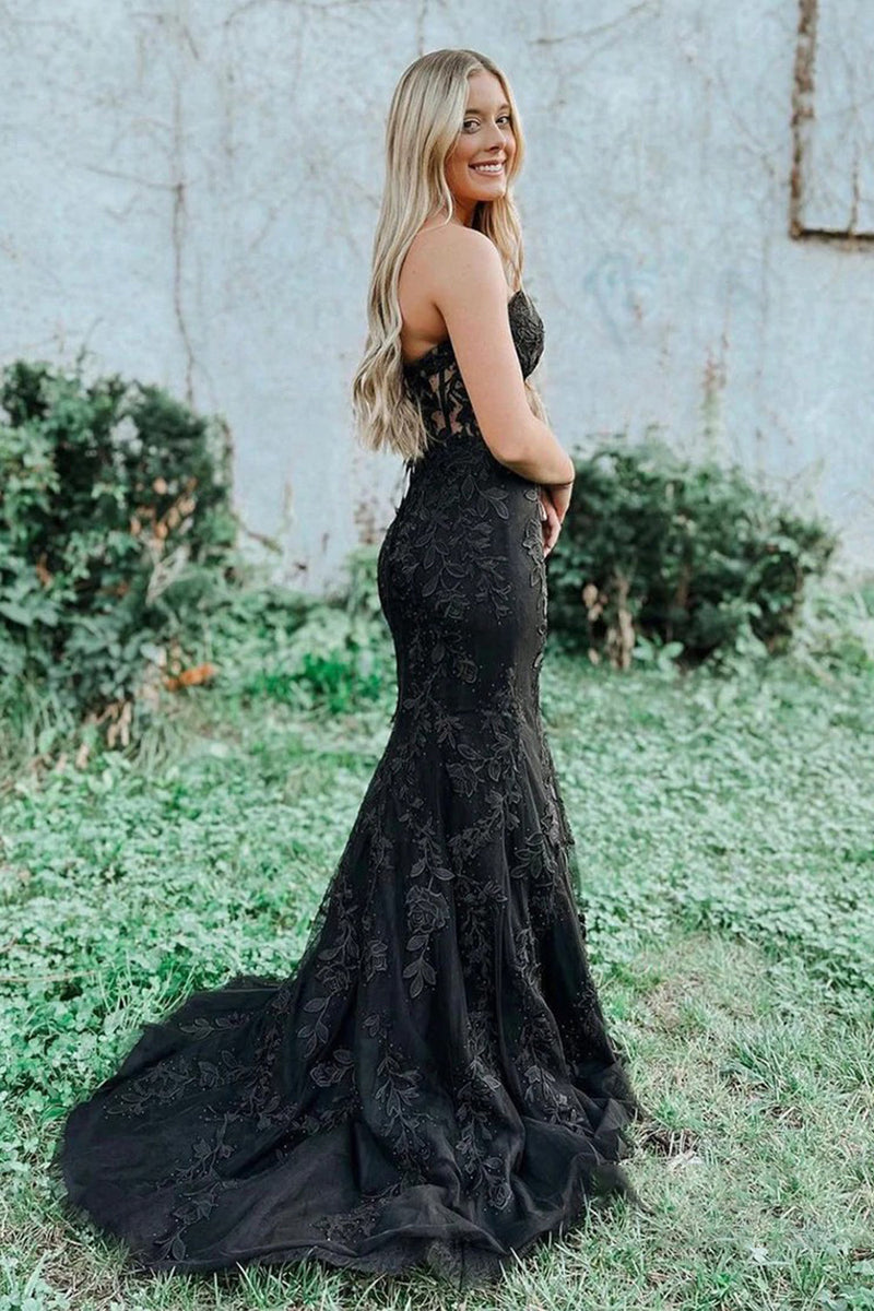 Load image into Gallery viewer, Black Strapless Prom Dress with Appliques_2