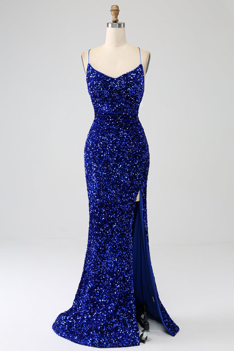 Load image into Gallery viewer, Sparkly Royal Blue Mermaid Spaghetti Straps Sequin Long Prom Dress With Split