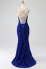 Load image into Gallery viewer, Sparkly Royal Blue Mermaid Spaghetti Straps Sequin Long Prom Dress With Split