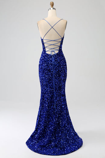 Sparkly Royal Blue Mermaid Spaghetti Straps Sequin Long Prom Dress With Split