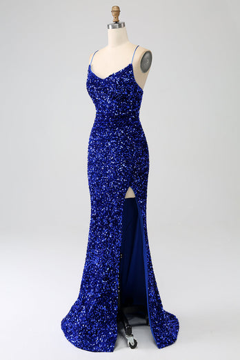 Sparkly Royal Blue Mermaid Spaghetti Straps Sequin Long Prom Dress With Split