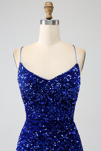 Sparkly Royal Blue Mermaid Spaghetti Straps Sequin Long Prom Dress With Split