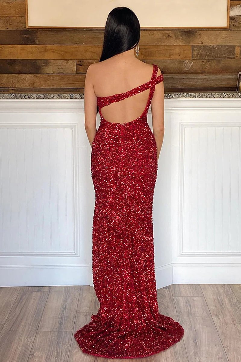 Load image into Gallery viewer, Sheath One Shoulder Red Sequins Long Prom Dress