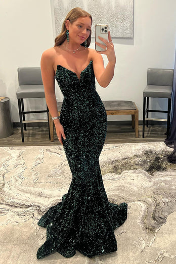 Sparkly Dark Green Sequins Mermaid Sweetheart Long Prom Dress