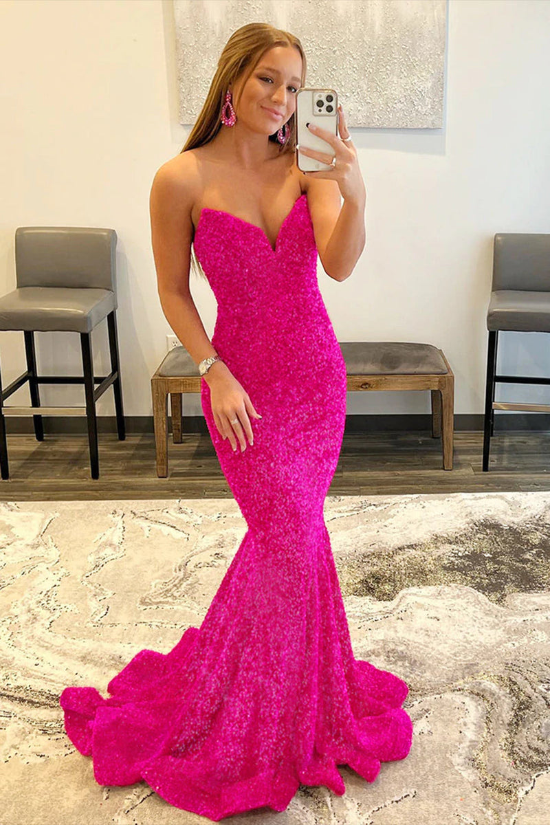 Load image into Gallery viewer, Golden Sweetheart Neck Sequined Mermaid Prom Dress With Sweep Train