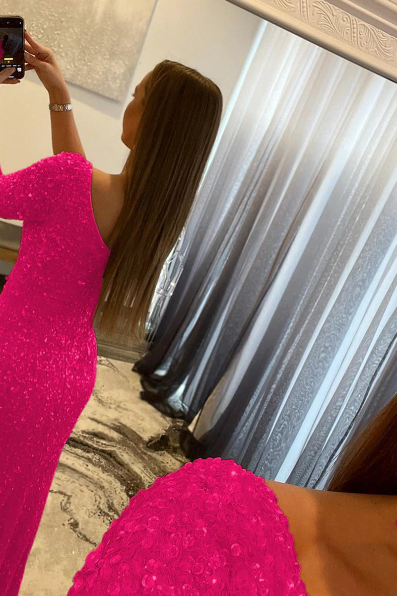 Load image into Gallery viewer, Pink One Shoulder Sequined Prom Dress