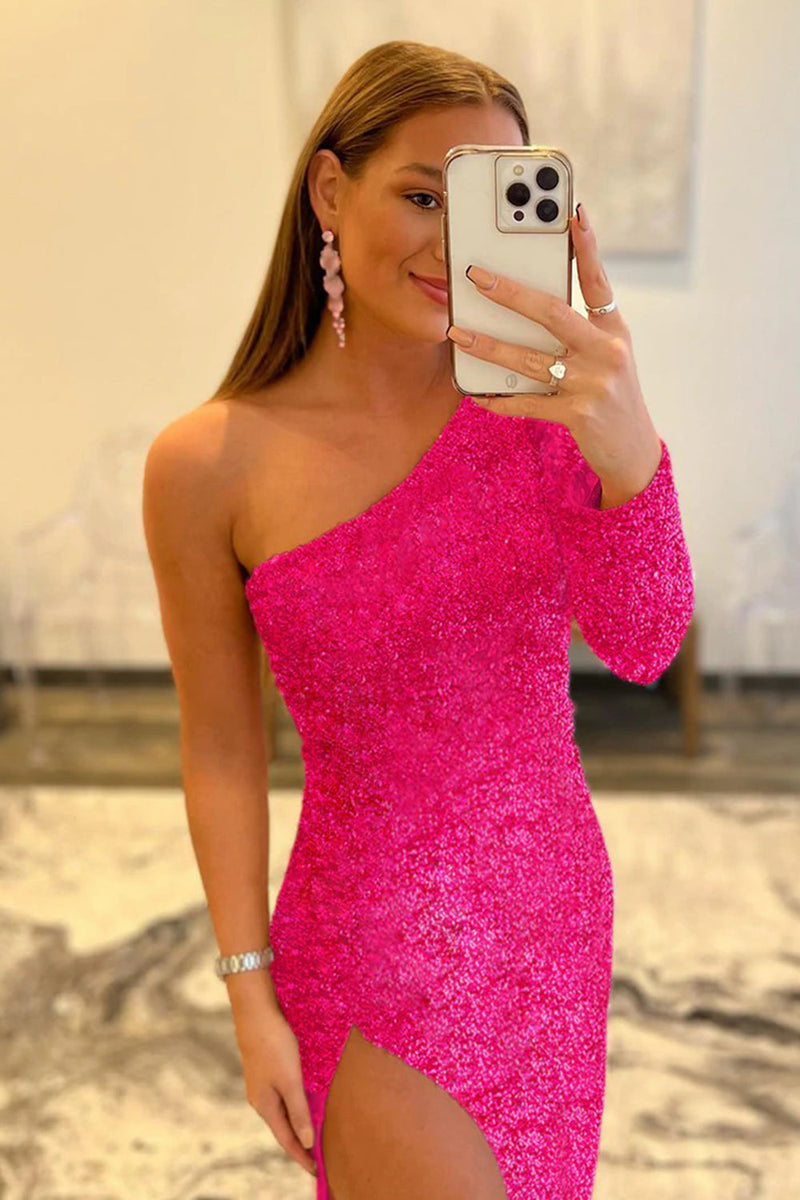 Load image into Gallery viewer, Pink One Shoulder Sequined Prom Dress