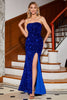 Load image into Gallery viewer, Mermaid Strapless Sequins Long Royal Blue Prom Dress With Slit