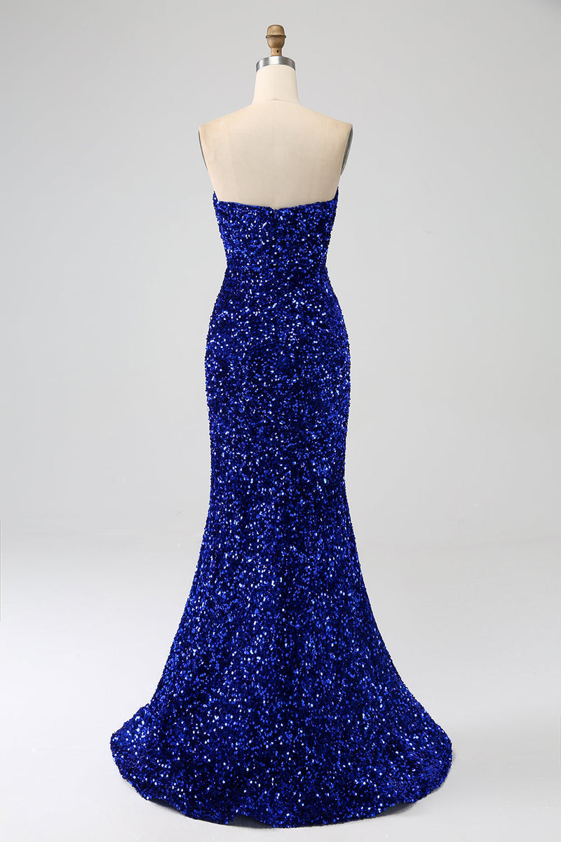 Load image into Gallery viewer, Royal Blue Mermaid Strapless Sequins Long Prom Dress With Slit