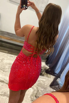 Red Sequins Lace-Up Tight Short Prom Dress