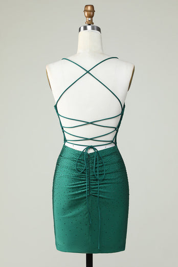 Sheath Spaghetti Straps Dark Green Short Prom Dress with Beading