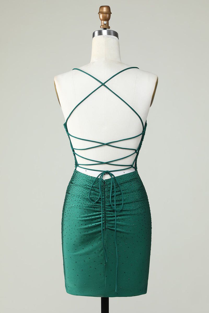 Load image into Gallery viewer, Sheath Spaghetti Straps Dark Green Short Prom Dress with Beading